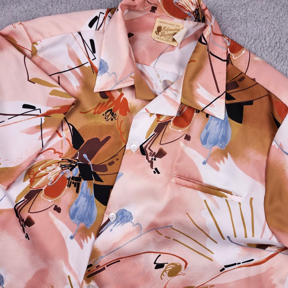 Vintage 70s Polynesian Bazaar Abstract Aloha Hawaiian Shirt Pink Disco Leisure L